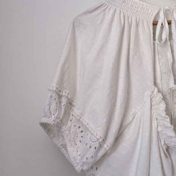 Porridge White Eyelet Embroidery Anglaise Smocked Boho Coastal Back-Tie Top M - Picture 13 of 16